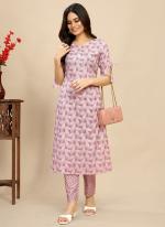 Pure Cotton Light Pink Casual Wear Printed Readymade Kurta Trouser Set